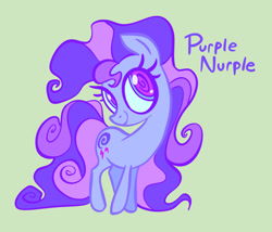 Size: 1874x1607 | Tagged: safe, artist:janegumball, oc, oc only, oc:purple nurple, earth pony, pony, female, green background, mare, name, simple background, smiling, solo, swirly eyes