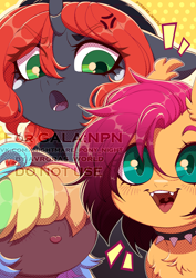 Size: 2480x3508 | Tagged: safe, artist:avroras_world, oc, oc only, oc:hokc, oc:pumpkin (avroras_world), oc:walter evans, bat pony, pony, unicorn, ahoge, bat pony oc, chest fluff, choker, colored eartips, colored pinnae, colored tongue, cross-popping veins, cute, cute little fangs, ear tufts, emanata, eye clipping through hair, eyebrows, eyebrows visible through hair, fangs, female, freckles, gradient mane, green eyes, hair over eyes, horn, looking at you, mare, multicolored hair, npn (nightmare pony night), open mouth, open smile, pumpkin, purple tongue, rainbow hair, simple background, smiling, spiked choker, teal eyes, tongue out, trio, unicorn oc, uvula, yellow background