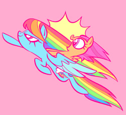 Size: 1297x1182 | Tagged: safe, artist:janegumball, rainbow dash, scootaloo, pegasus, pony, g4, duo, duo female, female, filly, flying, foal, mare, narrowed eyes, open mouth, open smile, pink background, ponies riding ponies, riding, riding a pony, simple background, smiling, windswept mane