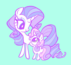 Size: 1297x1182 | Tagged: safe, artist:janegumball, rarity, sweetie belle, pony, unicorn, g4, belle sisters, blue background, duo, duo female, female, filly, foal, horn, looking at each other, looking at someone, mare, open mouth, open smile, siblings, simple background, sisters, smiling, smiling at each other