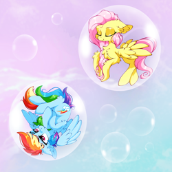 Size: 2500x2500 | Tagged: safe, artist:rurihal, fluttershy, rainbow dash, pegasus, pony, g4, bubble, chest fluff, duo, duo female, ear fluff, eyes closed, female, leg fluff, mare, spread wings, wings