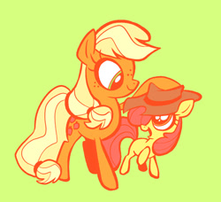 Size: 1297x1182 | Tagged: safe, artist:janegumball, apple bloom, applejack, earth pony, pony, g4, accessory swap, apple sisters, applejack's hat, cowboy hat, duo, duo female, female, filly, foal, green background, hat, looking at each other, looking at someone, mare, open mouth, open smile, raised hoof, siblings, simple background, sisters, smiling, smiling at each other