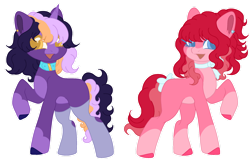 Size: 1280x817 | Tagged: safe, artist:kaenashepard, oc, oc only, oc:dusk sparkle, oc:rosie pie, earth pony, pony, unicorn, base used, blue eyes, blue pupils, bow, choker, clothes, coat markings, collar, colored hooves, duo, duo female, ear piercing, earring, earth pony oc, female, hair over one eye, hooves, horn, jewelry, magical lesbian spawn, mare, mare oc, offspring, pale belly, parent:big macintosh, parent:pinkie pie, parent:sassy saddles, parent:twilight sparkle, parents:pinkiemac, parents:sassylight, piercing, pink coat, purple coat, red mane, simple background, socks, socks (coat markings), tail, tail bow, three toned mane, three toned tail, transparent background, unicorn oc, yellow eyes, yellow pupils