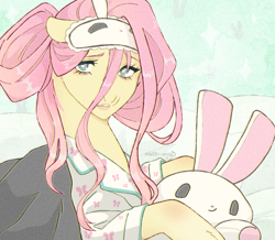 Size: 860x749 | Tagged: safe, alternate version, artist:mint1mango, fluttershy, pegasus, pony, g4, alternate hairstyle, ambiguous facial structure, clothes, female, looking at you, mare, pajamas, plushie, sleep mask, solo