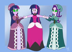 Size: 2922x2125 | Tagged: safe, artist:bageloftime, starlight glimmer, twilight sparkle, alicorn, human, equestria girls, g4, clothes, dress, evil twilight, female, gown, hypno eyes, hypnosis, hypnotized, long dress, long skirt, skirt, trio, trio female, twilight sparkle (alicorn)