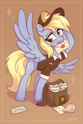 Size: 1378x2039 | Tagged: safe, artist:skysorbett, derpy hooves, pegasus, pony, g4, bag, blushing, clothes, female, letter, mailmare, mare, mouth hold, simple background, solo, spread wings, uniform, wings