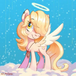 Size: 2000x2000 | Tagged: safe, artist:askometa, oc, oc only, angel, pegasus, pony, blue background, cloud, ear piercing, earring, full body, jewelry, necklace, nimbus, on a cloud, one eye covered, piercing, simple background, snow, snowfall, solo, standing on a cloud