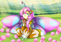 Size: 2151x1512 | Tagged: safe, artist:rockmangurlx, fluttershy, butterfly, gynoid, human, robot, g4, butterfly wings, female, flower, grass, humanized, kneeling, looking up, meadow, mega man, mega man (series), outdoors, robot master, roboticization, solo, sunlight, wings