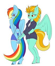 Size: 2500x3000 | Tagged: safe, artist:hallie_spaniel, lightning dust, rainbow dash, anthro, unguligrade anthro, g4, arrested, belly, belly button, cuffed, cuffs, duo, duo female, female, officer ld, prisoner, prisoner rd, simple background, transparent background