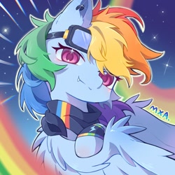 Size: 1080x1080 | Tagged: safe, artist:貓寻安_catder_, rainbow dash, pegasus, pony, g4, aviator goggles, blushing, clothes, ear piercing, fangs, female, goggles, looking at you, mare, outline, piercing, rainbow, scarf, signature, solo, spread wings, starry night, text, upper body, white outline, wings, wristband