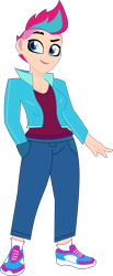 Size: 897x2187 | Tagged: safe, artist:prixy05, zipp storm, human, g5, clothes, denim, humanized, jacket, jeans, light skin, nonbinary, pants, simple background, smiling, solo, tennis shoes, transparent background