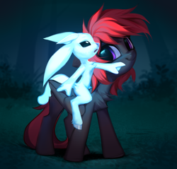 Size: 1785x1704 | Tagged: oc name needed, safe, artist:vensual99, oc, pegasus, pony, forest, gray coat, looking at someone, looking back, nature, night, ori, ori and the blind forest, pointing, red mane, riding, riding a pony, tree