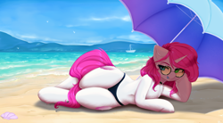 Size: 2082x1150 | Tagged: safe, artist:evlass, oc, oc only, oc:bubblegum kiss, pony, unicorn, semi-anthro, beach, belly, belly button, bikini, chest fluff, clothes, collar, commission, female, glasses, hoof on cheek, horn, lying down, ocean, solo, supporting head, swimsuit, tongue out, umbrella, water, ych result