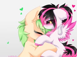 Size: 1600x1173 | Tagged: safe, artist:lunylin, oc, oc only, oc:c-3301, oc:lunylin, pegasus, pony, unicorn, chest fluff, colored belly, cute, dark belly, duo, duo female, female, floppy ears, flying, horn, lesbian, reverse countershading, simple background