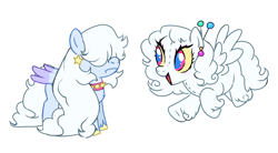 Size: 2754x1519 | Tagged: safe, artist:amarantastar, oc, oc only, oc:fluff snowflake, original species, pegasus, plush pony, pony, chest fluff, choker, ear piercing, earring, female, hair over eyes, jewelry, mare, piercing, plushie, ponified, simple background, solo, spiked choker, unshorn fetlocks, white background