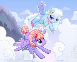 Size: 1341x1082 | Tagged: safe, artist:amarantastar, oc, oc only, oc:fluff snowflake, pegasus, pony, choker, cloud, duo, ear piercing, earring, female, flying, hairband, jewelry, mare, mountain, outdoors, piercing, spiked choker, unshorn fetlocks