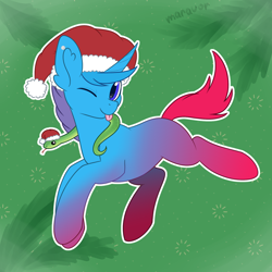 Size: 1500x1500 | Tagged: safe, artist:maravor, oc, oc only, pony, snake, unicorn, christmas, hat, holiday, horn, male, one eye closed, santa hat, solo, stallion, tongue out, wink