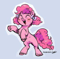 Size: 1872x1848 | Tagged: safe, artist:amarantastar, pinkie pie, earth pony, pony, g4, alternate hairstyle, blushing, bow, hair bow, rearing, simple background, solo, unshorn fetlocks