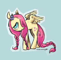 Size: 1872x1848 | Tagged: safe, artist:amarantastar, fluttershy, pegasus, pony, g4, alternate hairstyle, braid, braided tail, female, flower, flower in hair, hair over one eye, mare, simple background, solo, tail