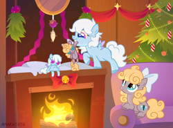 Size: 1554x1152 | Tagged: safe, artist:amarantastar, oc, oc:fluff snowflake, oc:light, pegasus, pony, bow, christmas, christmas tree, colored wings, colored wingtips, couch, duo, female, filly, fireplace, foal, hair bow, holiday, indoors, plushie, sitting, tree, unshorn fetlocks, wings