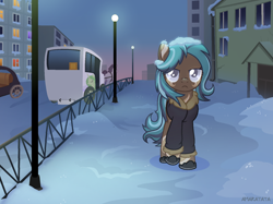 Size: 1580x1182 | Tagged: safe, artist:amarantastar, oc, oc only, earth pony, pony, carriage, city, clothes, evening, frown, hoof shoes, jacket, outdoors, snow, solo, street, winter, winter outfit