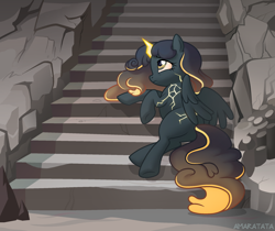 Size: 2250x1886 | Tagged: safe, artist:amarantastar, oc, oc only, alicorn, pony, alicorn oc, female, horn, lying down, mare, solo, stairs, wings