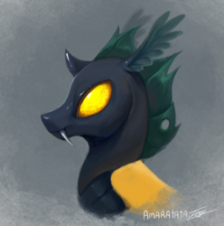 Size: 2298x2316 | Tagged: safe, artist:amarantastar, oc, oc only, changeling, bust, fangs, portrait, solo, yellow changeling