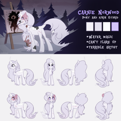 Size: 3315x3313 | Tagged: safe, artist:amarantastar, oc, oc only, oc:carnie norwood, hybrid, kirin, pony, chest fluff, curved horn, easel, horn, mouth hold, painting, reference sheet, scar, solo