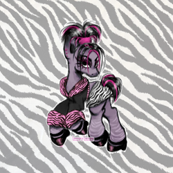 Size: 1500x1500 | Tagged: safe, artist:lompyloops, hybrid, pony, zebroid, zony, clothes, ear piercing, earring, hoof shoes, jacket, jewelry, piercing, skirt, solo