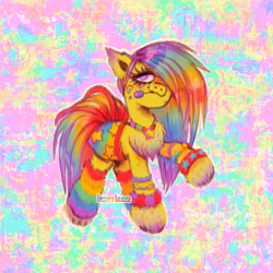 Size: 1500x1500 | Tagged: safe, artist:lompyloops, oc, oc only, earth pony, pony, armband, bracelet, chest fluff, clothes, female, hairclip, jewelry, leg warmers, mare, mouth hold, multicolored hair, necklace, rainbow background, rainbow hair, skirt, solo, unshorn fetlocks