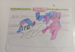 Size: 1280x893 | Tagged: safe, artist:victoric1993, rarity, twilight sparkle, pony, unicorn, g4, my little pony: friendship is magic, sonic rainboom (episode), angry, duo, duo female, eyes closed, female, fight, horn, life bar, mare, parody, round, simple background, traditional art, unicorn twilight