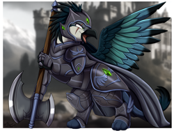 Size: 3527x2657 | Tagged: safe, artist:pridark, oc, oc only, griffon, armor, axe, battle axe, griffon oc, outdoors, passepartout, solo, weapon