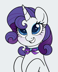 Size: 1400x1750 | Tagged: safe, artist:leopardsnaps, derpibooru exclusive, rarity, pony, unicorn, g4, alternate hairstyle, bow, bowtie, choker, eyeshadow, gray background, horn, looking up, makeup, raised hoof, signature, simple background, smiling, solo