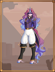 Size: 2682x3485 | Tagged: safe, artist:kirasunnight, oc, oc only, unicorn, anthro, unguligrade anthro, blindfold, clothes, cloven hooves, female, hands behind back, horn, uniform