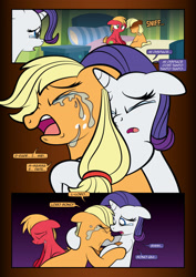 Size: 1920x2715 | Tagged: safe, artist:alexdti, applejack, big macintosh, rarity, earth pony, pony, unicorn, comic:how we met (italian), g4, bed, colt big macintosh, comic, crying, depressed, depressing, depression, female, filly, filly applejack, filly rarity, foal, horn, italian, male, sad, tears of pain, younger