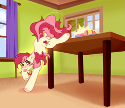 Size: 2703x2329 | Tagged: safe, artist:полюшко, roseluck, earth pony, pony, g4, behaving like a cat, collar, commission, commissioner:doom9454, cute, food, indoors, meat, mouth hold, pet tag, ponies eating meat, pony pet, rosepet