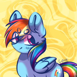 Size: 2241x2241 | Tagged: safe, artist:cupute, rainbow dash, pegasus, pony, g4, abstract background, beanbrows, big ears, blue body, blush lines, blushing, colored background, cute, dashabetes, ear fluff, ears up, eyebrows, female, folded wings, halfbody, looking to the left, looking up, mare, multicolored hair, pink eyes, rainbow hair, shading, shiny mane, simple, smiling, smiling at someone, solo, standing, swirl, wings