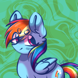 Size: 2241x2241 | Tagged: safe, artist:cupute, rainbow dash, pegasus, pony, g4, abstract background, beanbrows, big ears, blue body, blue coat, blush lines, blushing, colored background, cute, dashabetes, ear fluff, ears up, eyebrows, female, folded wings, halfbody, looking to the left, looking up, mare, multicolored hair, pink eyes, rainbow hair, shading, shiny mane, simple, smiling, smiling at someone, solo, standing, swirl, wings