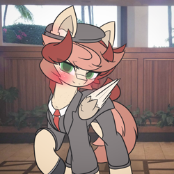 Size: 1660x1659 | Tagged: safe, artist:sodapop sprays, oc, oc only, oc:fizzure sprays, pegasus, pony, blushing, clothes, eye clipping through hair, handsome, hat, indoors, irl background, looking at you, male, solo, stallion, suit, wings