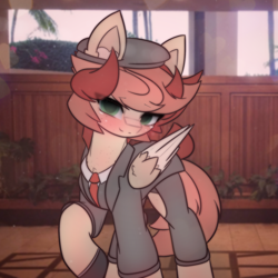 Size: 1660x1660 | Tagged: safe, alternate version, artist:sodapop sprays, oc, oc only, oc:fizzure sprays, pegasus, pony, blushing, clothes, eye clipping through hair, handsome, hat, indoors, irl background, looking at you, male, solo, stallion, suit, wings