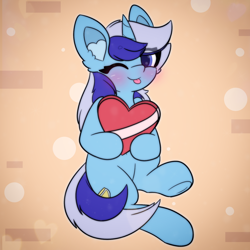 Size: 1660x1660 | Tagged: safe, artist:sodapop sprays, minuette, pony, unicorn, g4, blushing, eye clipping through hair, heart, horn, looking at you, mlem, one eye closed, silly, simple background, solo, tongue out, wink, winking at you