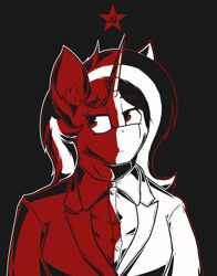 Size: 2200x2800 | Tagged: safe, artist:marusya, oc, oc only, oc:schworz, unicorn, anthro, ear fluff, female, hammer and sickle, horn, simple background, solo