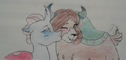 Size: 2231x1066 | Tagged: safe, artist:plixine, ocellus, yona, changedling, changeling, yak, g4, female, kissing, lesbian, ship:yonellus, shipping, traditional art