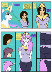 Size: 750x1050 | Tagged: dead source, safe, artist:sephirothwolf, princess celestia, oc, alicorn, human, pony, anthro, g4, character to character, comic, crown, dialogue, female, human oc, human to anthro, human to pony, jewelry, peytral, regalia, transformation, transformation sequence, twinning