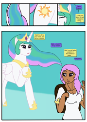 Size: 750x1050 | Tagged: dead source, safe, artist:sephirothwolf, princess celestia, alicorn, human, pony, g4, anthro to pony, backpack, dialogue, female, human to pony, humanized, mare, pony to human, transformation, transformation sequence, twinning, vacation