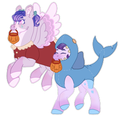 Size: 1607x1536 | Tagged: safe, artist:plixine, oc, oc only, oc:cloudy color, oc:nefelibata, earth pony, pegasus, pony, animal costume, clothes, costume, dress, female, mare, mouth hold, pumpkin bucket, shark costume, simple background, transparent background