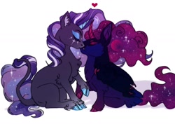 Size: 1414x1000 | Tagged: safe, artist:theartfox2468, nightmare moon, nightmare rarity, princess luna, rarity, alicorn, pony, unicorn, alternate hairstyle, curved horn, description is relevant, duo, duo female, eyes closed, eyeshadow, fangs, female, heart, horn, kissing, leonine tail, lesbian, makeup, mare, markings, redesign, self paradox, selfcest, ship:dance of the nightmares, ship:rariluna, shipping, simple background, tail, unshorn fetlocks, white background