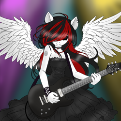 Size: 1024x1024 | Tagged: safe, artist:ella_starshade, oc, oc:twisted clouds, pegasus, anthro, clothes, ear piercing, goth, gothic lolita, guitar, lolita fashion, musical instrument, piercing