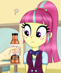 Size: 3500x4200 | Tagged: safe, artist:anonymousandrei, derpibooru exclusive, sour sweet, human, equestria girls, g4, clothes, crystal prep academy uniform, eyeshadow, female, food, hand, makeup, name pun, offscreen character, pun, sauce, school uniform, sweet and sour sauce, uniform