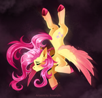 Size: 2613x2517 | Tagged: safe, artist:buvanybu, fluttershy, pegasus, pony, g4, colored wings, eyes closed, female, flying, mare, pink hooves, pink mane, pink tail, signature, solo, tail, two toned wings, unshorn fetlocks, upside down, wings, yellow coat